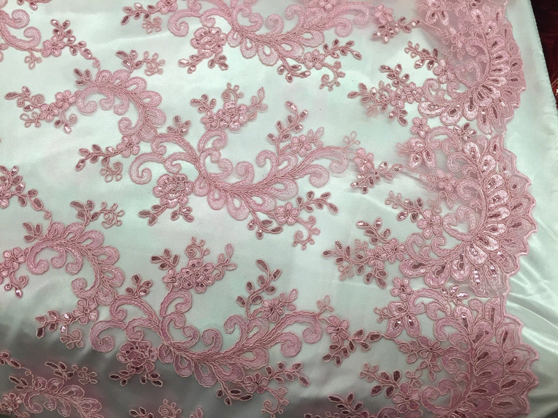 Pink corded french design-embroider with sequins on a mesh lace fabric-prom-nightgown-decorations-dresses-sold by the yard-