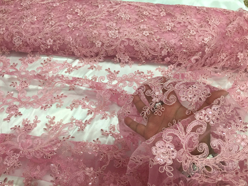 Pink corded french design-embroider with sequins on a mesh lace fabric-prom-nightgown-decorations-dresses-sold by the yard-