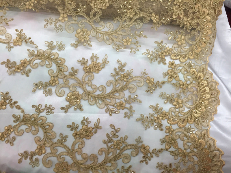 Gold corded flower design-embroider with sequins on a mesh lace fabric-prom-nightgown-decorations-sold by the yard-