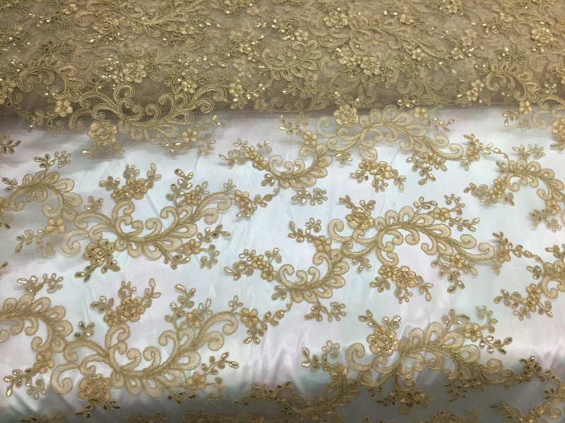 Gold corded flower design-embroider with sequins on a mesh lace fabric-prom-nightgown-decorations-sold by the yard-