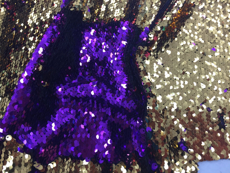 Purple/ gold hologram mermaid fish scales -2way stretch lycra -2 tone flip flop sequins-prom-nightgown-decorations-sold by yard