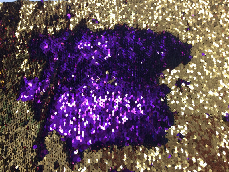 Purple/ gold hologram mermaid fish scales -2way stretch lycra -2 tone flip flop sequins-prom-nightgown-decorations-sold by yard