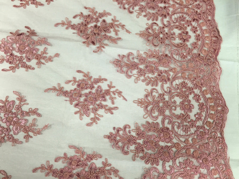 Dusty rose royal flowers embroider with sequins and corded on a mesh lace -yard