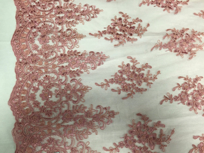 Dusty rose royal flowers embroider with sequins and corded on a mesh lace -yard