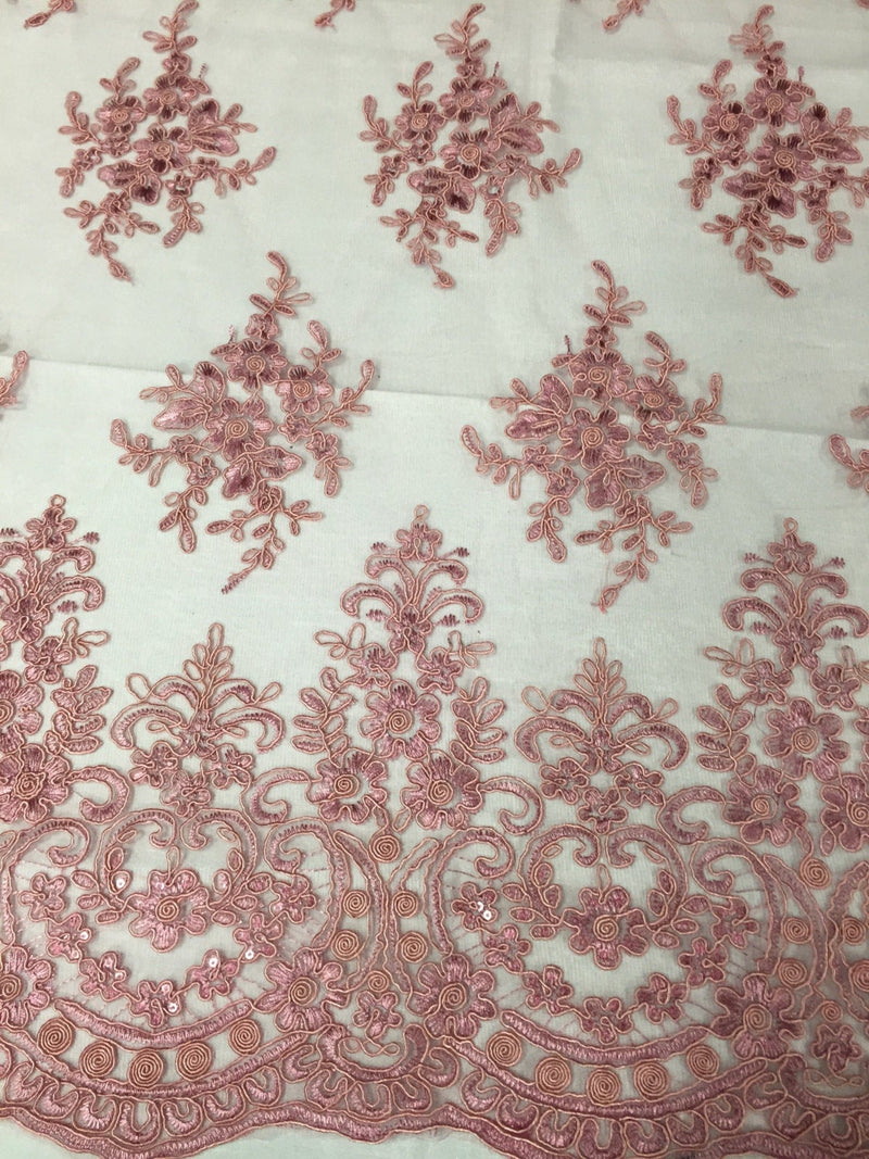 Dusty rose royal flowers embroider with sequins and corded on a mesh lace -yard