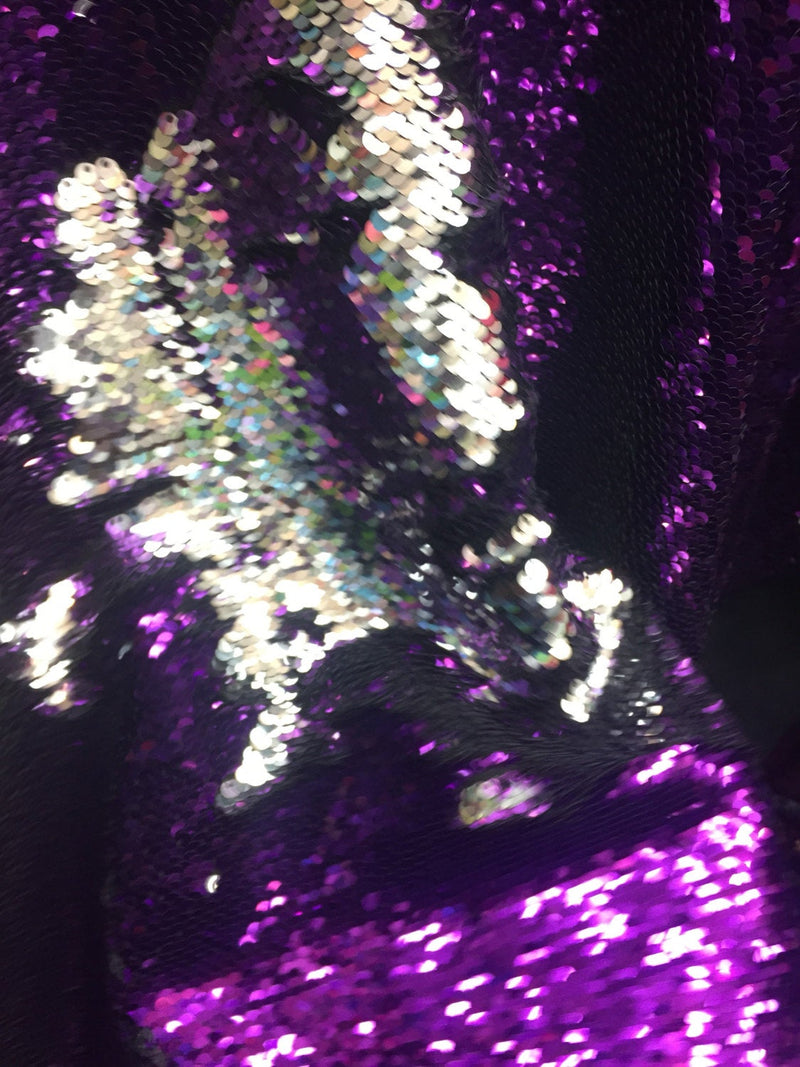 Shinny purple mermaid fish scales 2 way stretch flip flop sequins-prom-nightgown-dresses-decorations-sold by the yard.