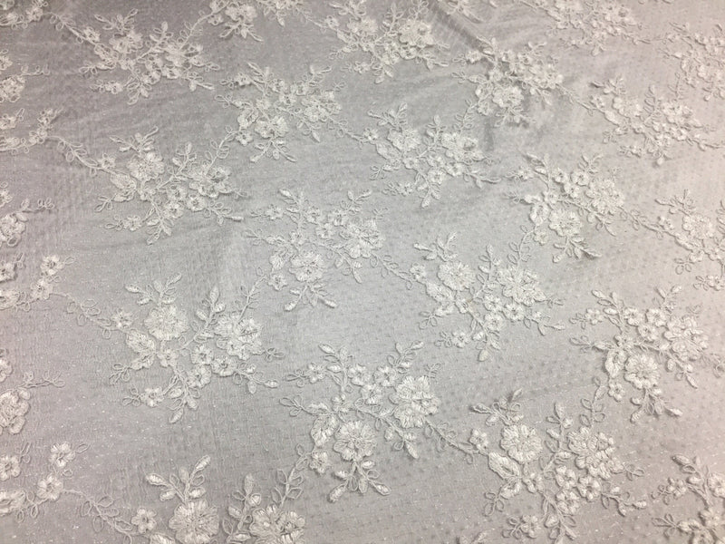 Sensational white flowers Embroider And Corded On a Polkadot Mesh Lace-prom-nightgown-decorations-dresses-sold by the yard.