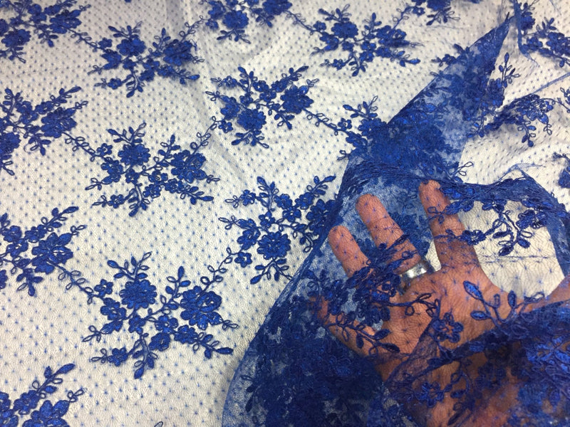 Sensational royal Blue Flowers Embroider And Corded On a Polkadot Mesh Lace -yard