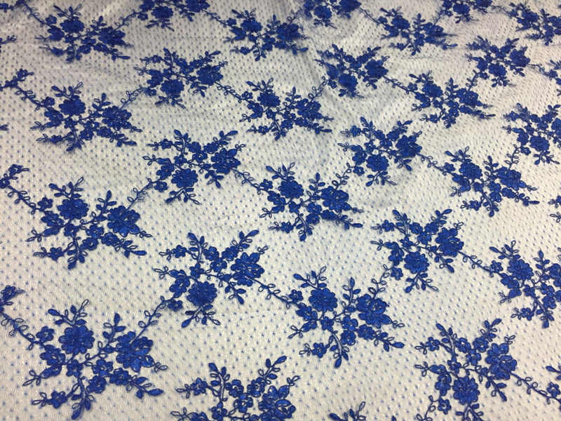 Sensational royal Blue Flowers Embroider And Corded On a Polkadot Mesh Lace -yard