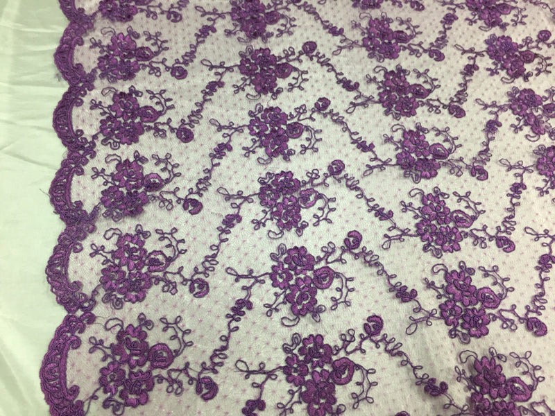 Sensational purple flowers Embroider And Corded On a Polkadot Mesh Lace-prom-nightgown-decorations-dresses-sold by the yard.