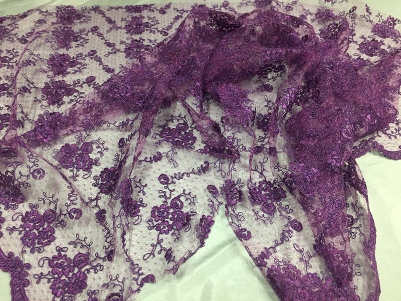 Sensational purple flowers Embroider And Corded On a Polkadot Mesh Lace-prom-nightgown-decorations-dresses-sold by the yard.