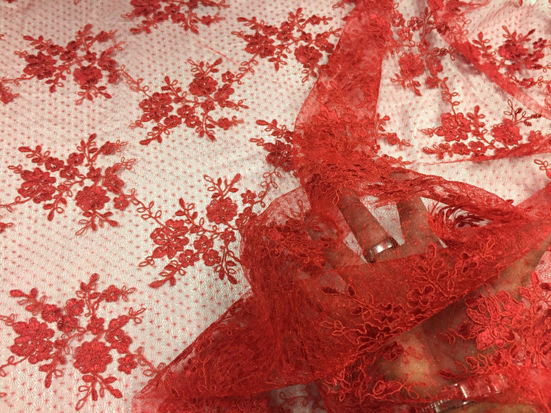 Sensational red Flowers Embroider And Corded On a Polkadot Mesh Lace-prom-nightgowns-decorations-dresses-sold by the yard.