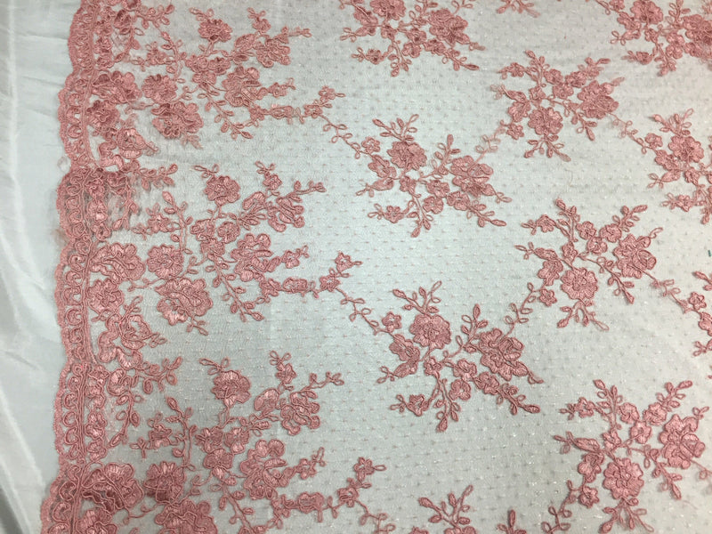 Sensational dusty Rose flowers Embroider And Corded On a Polkadot Mesh Lace-prom-nightgown-decorations-dresses-sold by the yard.