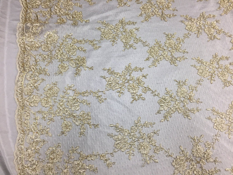 sensational metallic ivory flowers Embroider And Corded On a Polkadot Mesh Lace-prom-nightgown-decorations-dresses-sold by the yard.