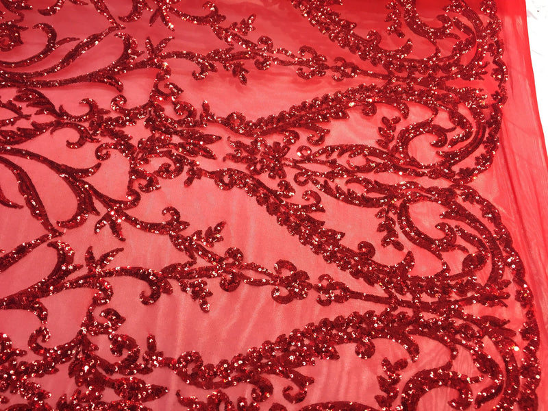 Red damask design embroider with Sequins On A 2 way stretch-prom-nightgown-decorations-sold by the yard.