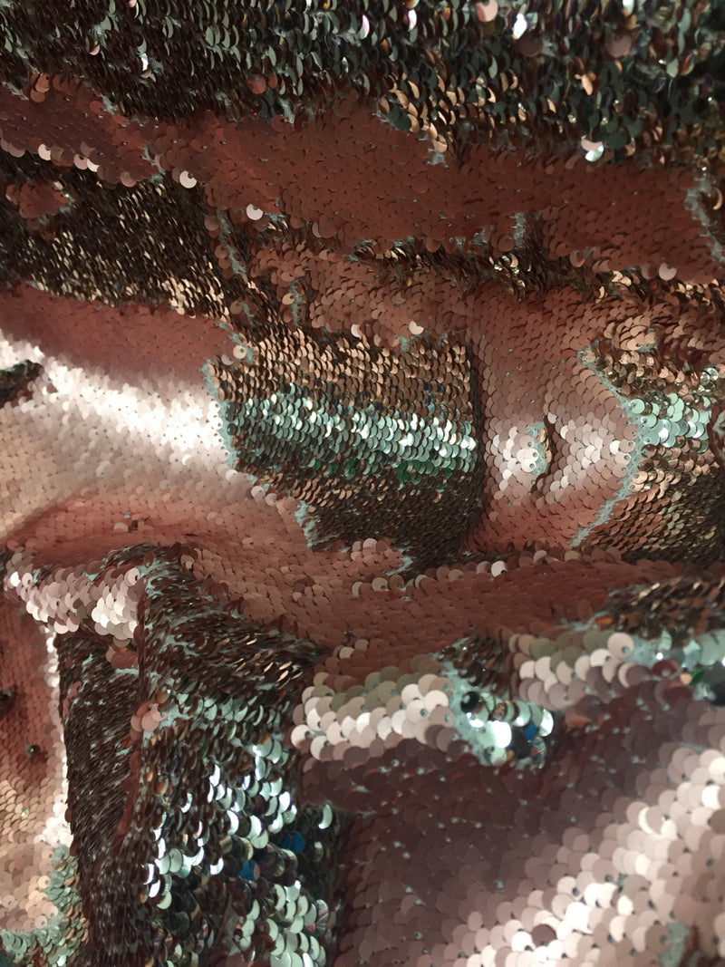 Matte dusty rose / light gold mermaid fish scale 2 way stretch flip up sequins-apparel-decorations-fashion-dresses-sold by the yard.