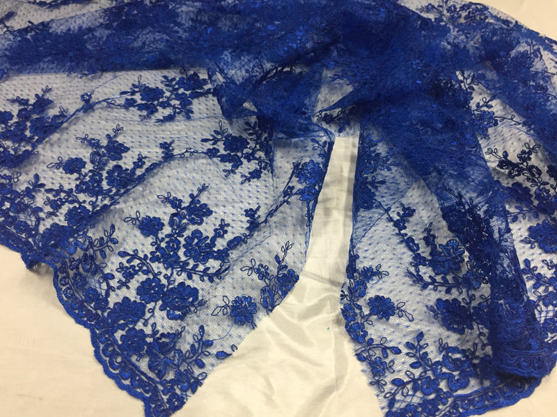 Sensational royal Blue Flowers Embroider And Corded On a Polkadot Mesh Lace -yard