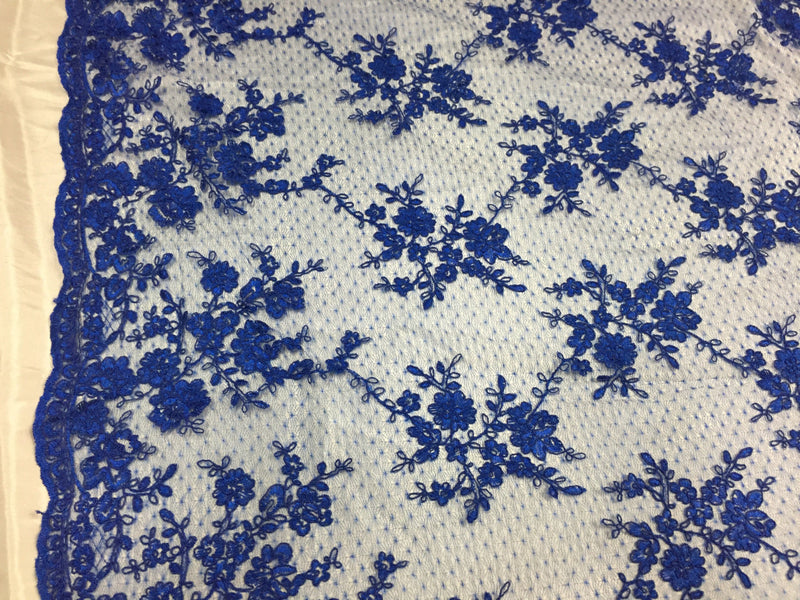 Sensational royal Blue Flowers Embroider And Corded On a Polkadot Mesh Lace -yard