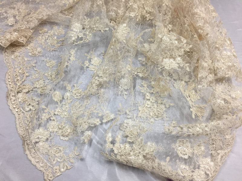 Sensational dark Ivory Flowers Embroider And Corded On a Polkadot Mesh Lace-prom-nightgown-decorations-dresses-sold by the yard.