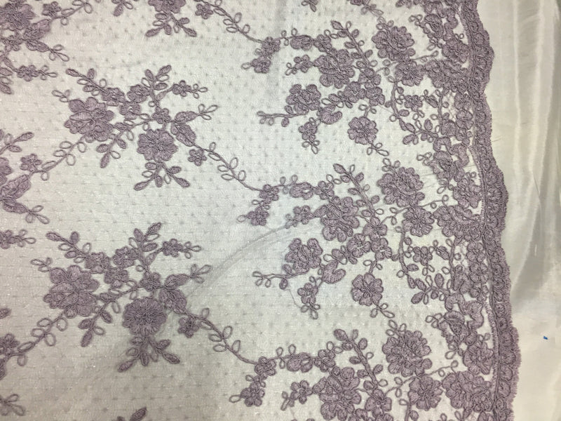 Sensational dark lilac flowers Embroider And Corded On a Polkadot Mesh Lace-prom-nightgown-decorations-dresses-sold by the yard.