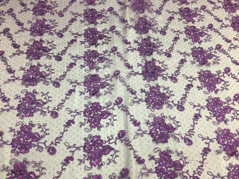 Sensational purple flowers Embroider And Corded On a Polkadot Mesh Lace-prom-nightgown-decorations-dresses-sold by the yard.