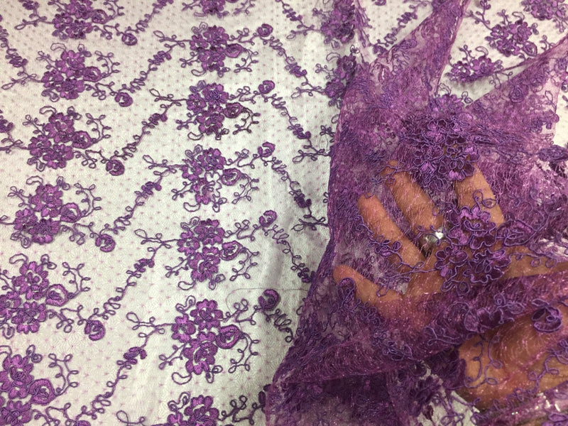 Sensational purple flowers Embroider And Corded On a Polkadot Mesh Lace-prom-nightgown-decorations-dresses-sold by the yard.