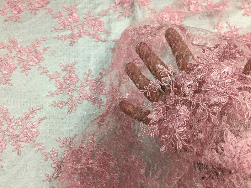 Sensational pink flowers Embroider On A Polkadot Mesh Lace-prom-nightgown-decorations-dresses-sold by the yard.