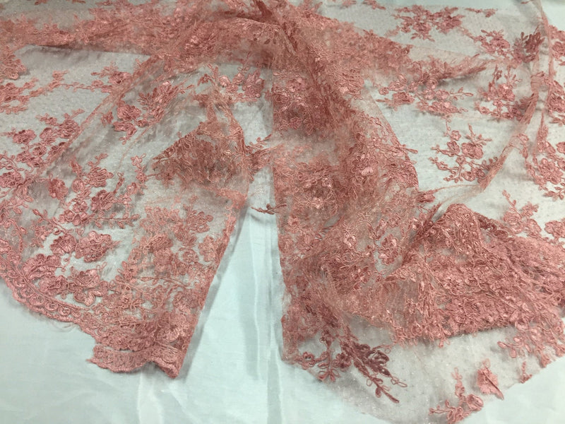 Sensational dusty Rose flowers Embroider And Corded On a Polkadot Mesh Lace-prom-nightgown-decorations-dresses-sold by the yard.