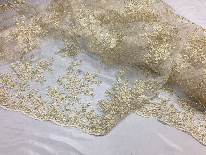 sensational metallic ivory flowers Embroider And Corded On a Polkadot Mesh Lace-prom-nightgown-decorations-dresses-sold by the yard.