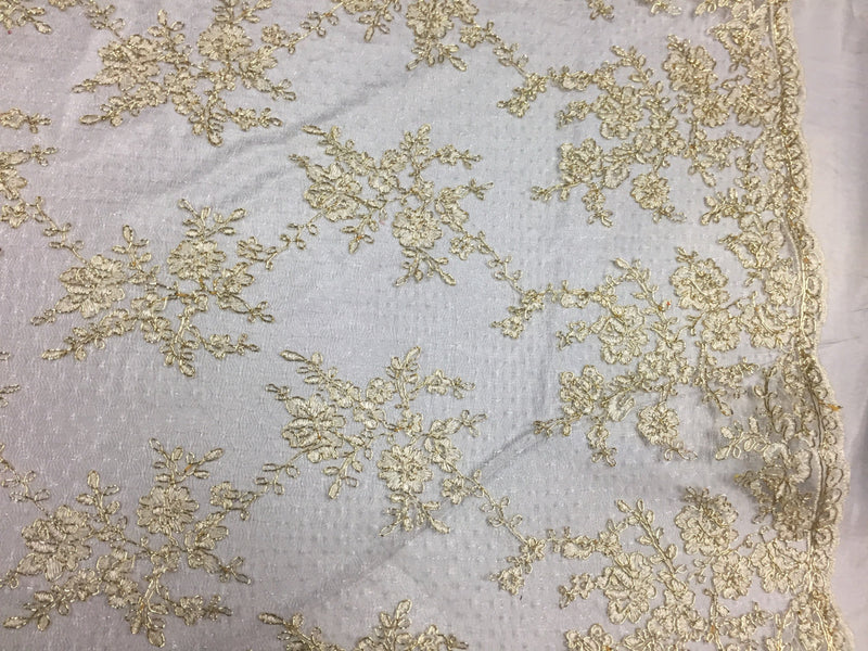 sensational metallic ivory flowers Embroider And Corded On a Polkadot Mesh Lace-prom-nightgown-decorations-dresses-sold by the yard.