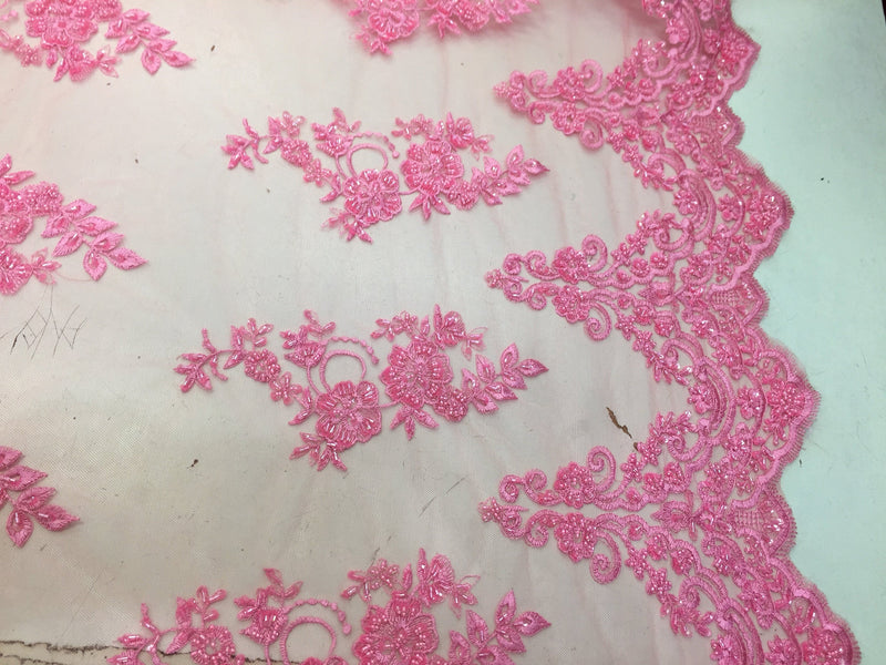 Elegant candy pink hand beaded flower design embroider on a mesh lace-prom-nightgown-bridal-wedding-sold by the yard.