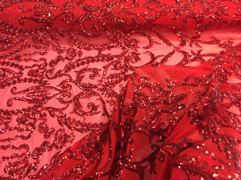 Red damask design embroider with Sequins On A 2 way stretch-prom-nightgown-decorations-sold by the yard.