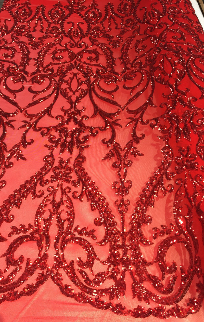 Red damask design embroider with Sequins On A 2 way stretch-prom-nightgown-decorations-sold by the yard.