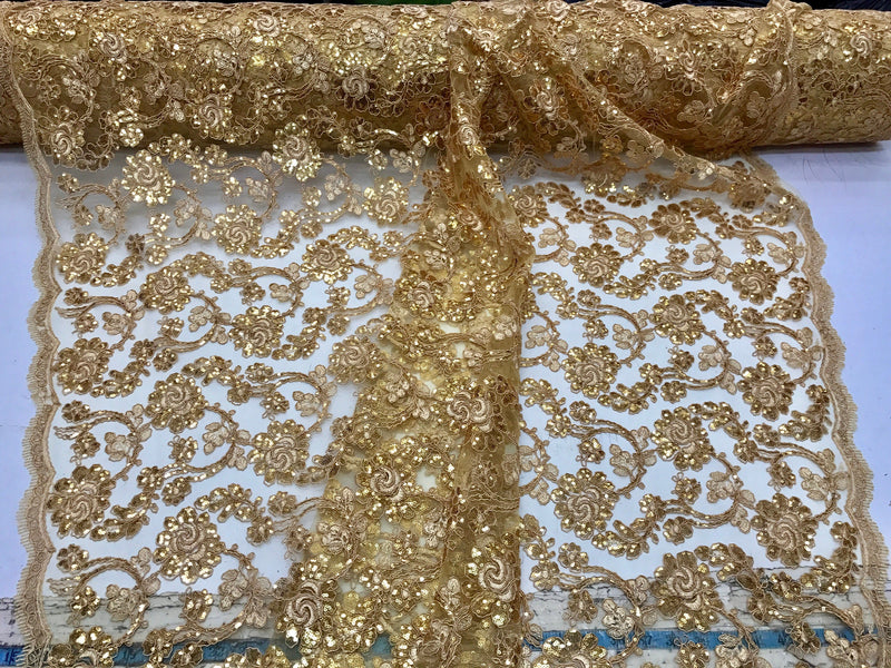 Gold flowers embroider with sequins and corded on a mesh lace-wedding-bridal-prom-nightgown-decorations-sold by the yard.