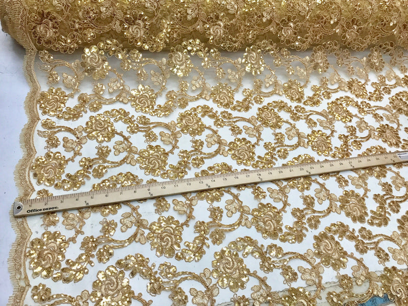 Gold flowers embroider with sequins and corded on a mesh lace-wedding-bridal-prom-nightgown-decorations-sold by the yard.