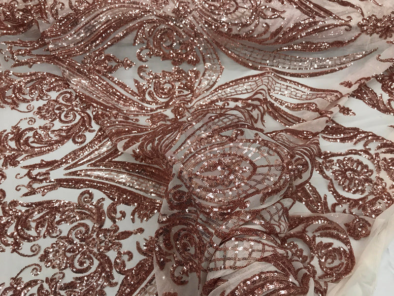 Blush peach empire design with sequins embroider on a 2 way stretch mesh fabric-prom-nightgown-decorations-sold by the yard.