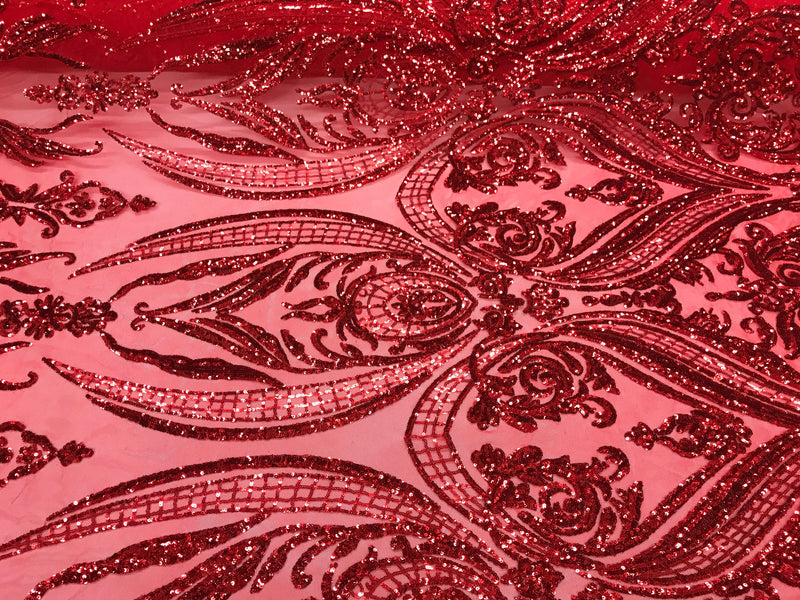 Red empire design with sequins embroider on a 2 way stretch mesh fabric-prom-nightgown-decorations-sold by the yard.