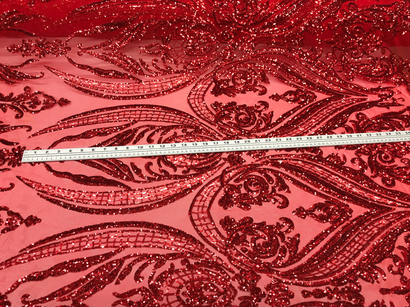 Red empire design with sequins embroider on a 2 way stretch mesh fabric-prom-nightgown-decorations-sold by the yard.