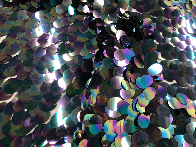 Black hologram iridescent mermaid fish scales on a black mesh-sequins-prom-decorations-nightgown-dresses-sold by the yard.