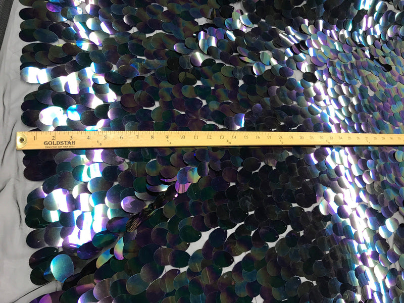 Black hologram iridescent mermaid fish scales on a black mesh-sequins-prom-decorations-nightgown-dresses-sold by the yard.