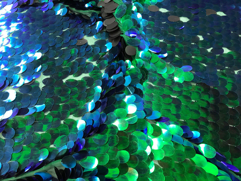 Green hologram iridescent mermaid fish scales on a green mesh-prom-decorations-dresses-sequins-nightgown-craft-sold by the yard.