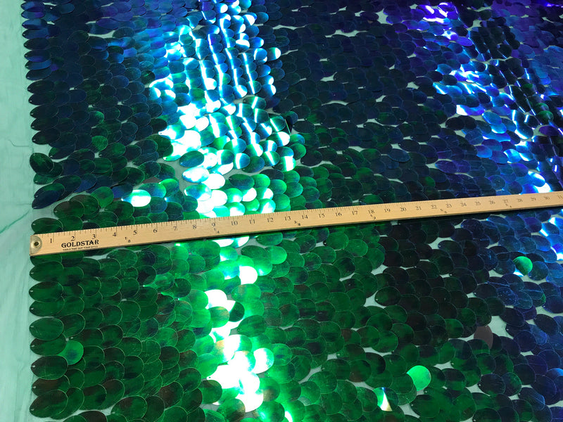 Green hologram iridescent mermaid fish scales on a green mesh-prom-decorations-dresses-sequins-nightgown-craft-sold by the yard.