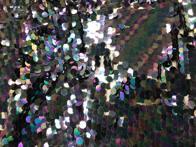 Black round hologram iridescent mermaid fish scales on a black mesh-prom-nightgown-decorations-dresses-craft-sold by the yard.