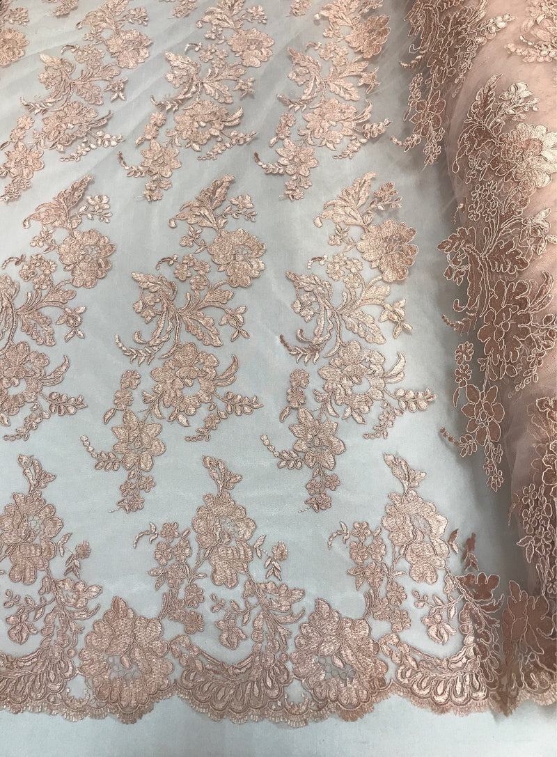 Blush pink floral design embroider and corded on a mesh lace fabric-fashion-decorations-prom-nightgown-sold by the yard.