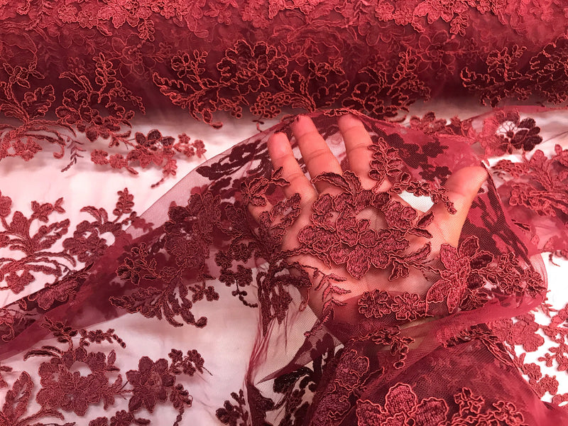 Burgundy floral design embroider and corded on a mesh lace fabric-prom-decorations-nightgown-fashion-sold by the yard.