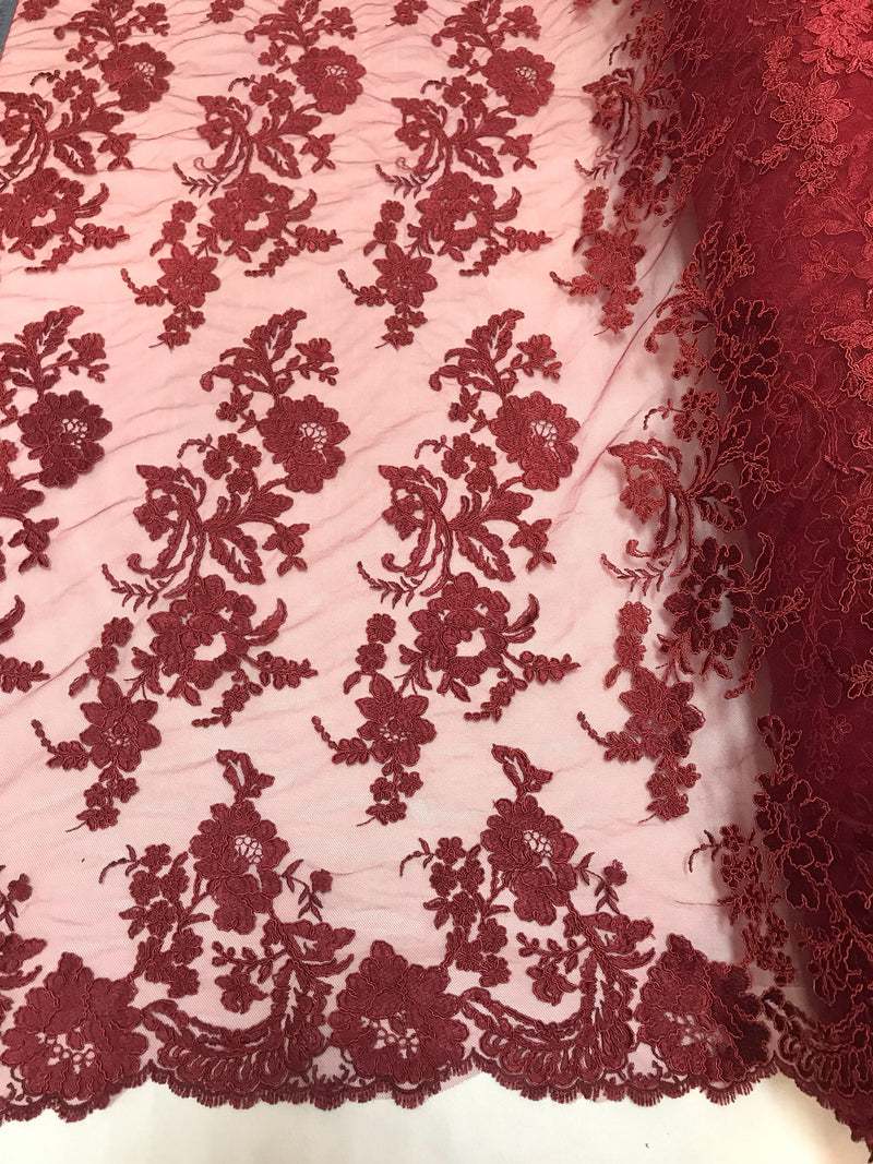 Burgundy floral design embroider and corded on a mesh lace fabric-prom-decorations-nightgown-fashion-sold by the yard.