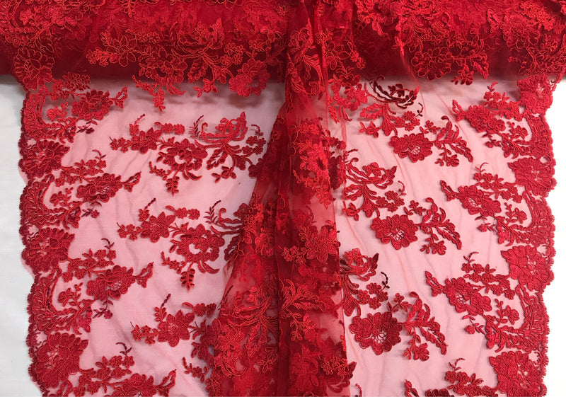 Red floral design embroider and corded on a mesh lace fabric-fashion-decorations-nightgown-prom-sold by the yard.