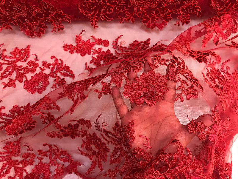 Red floral design embroider and corded on a mesh lace fabric-fashion-decorations-nightgown-prom-sold by the yard.