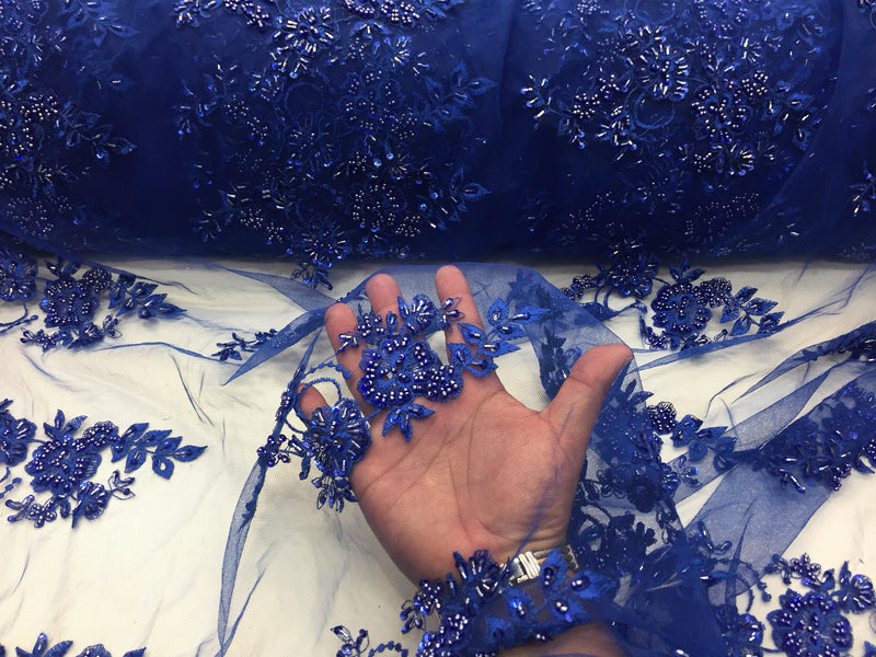 Elegant royal blue hand beaded flower design embroider on a mesh lace-prom-nightgown-bridal-wedding-sold by the yard.