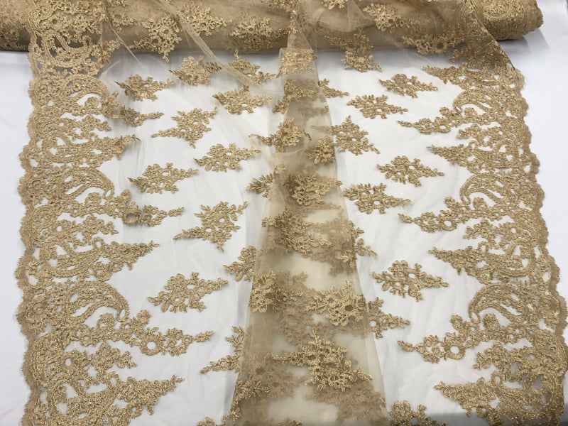 Gold paisley flower embroider and corded with a metallic gold tread on a mesh lace-wedding-bridal-prom-nightgown-decorations- sold by yard.